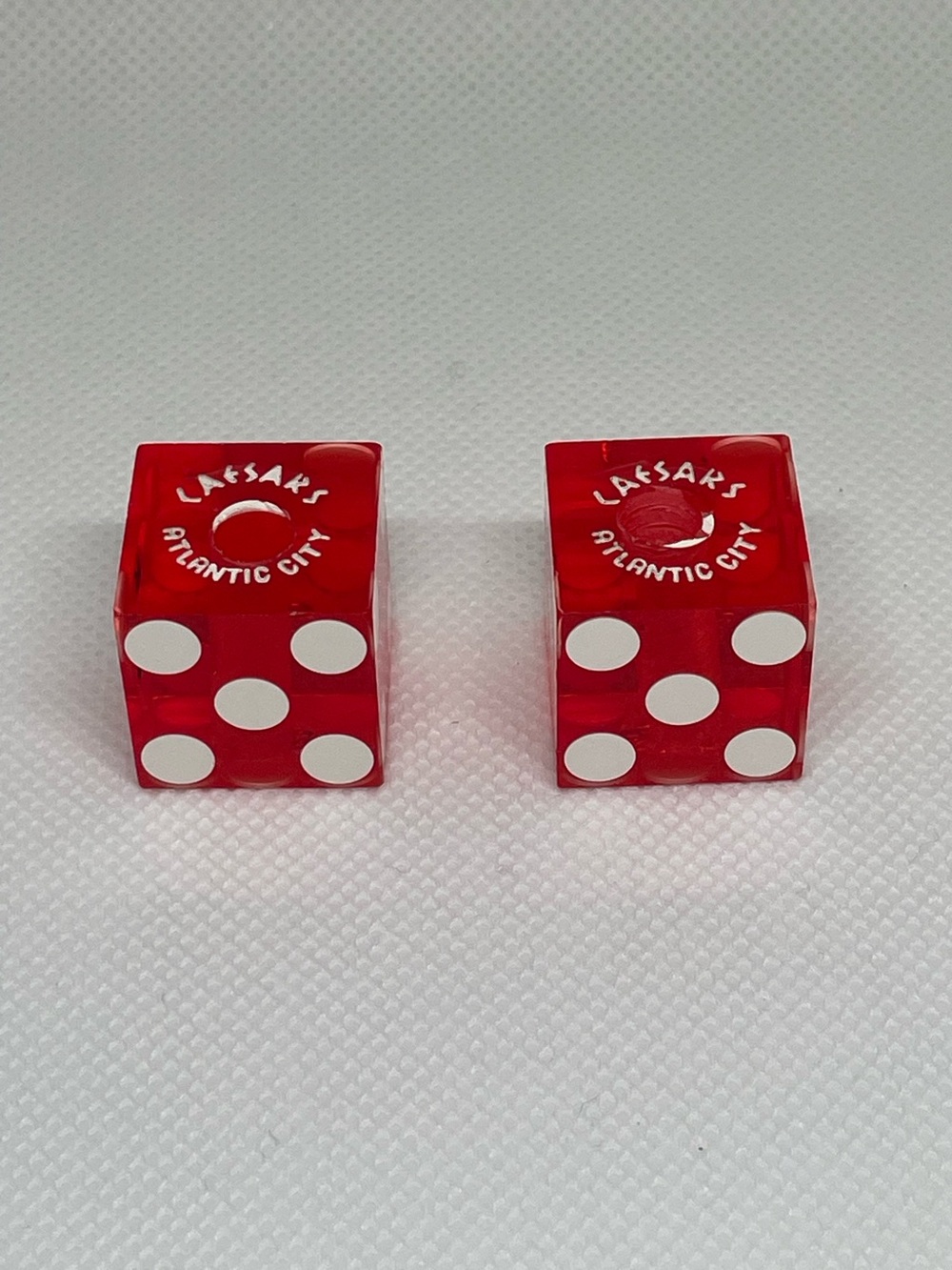 Vintage Pair Of Dice Ceasars Atlantic City Red Lucite Set Drilled Holes NJ